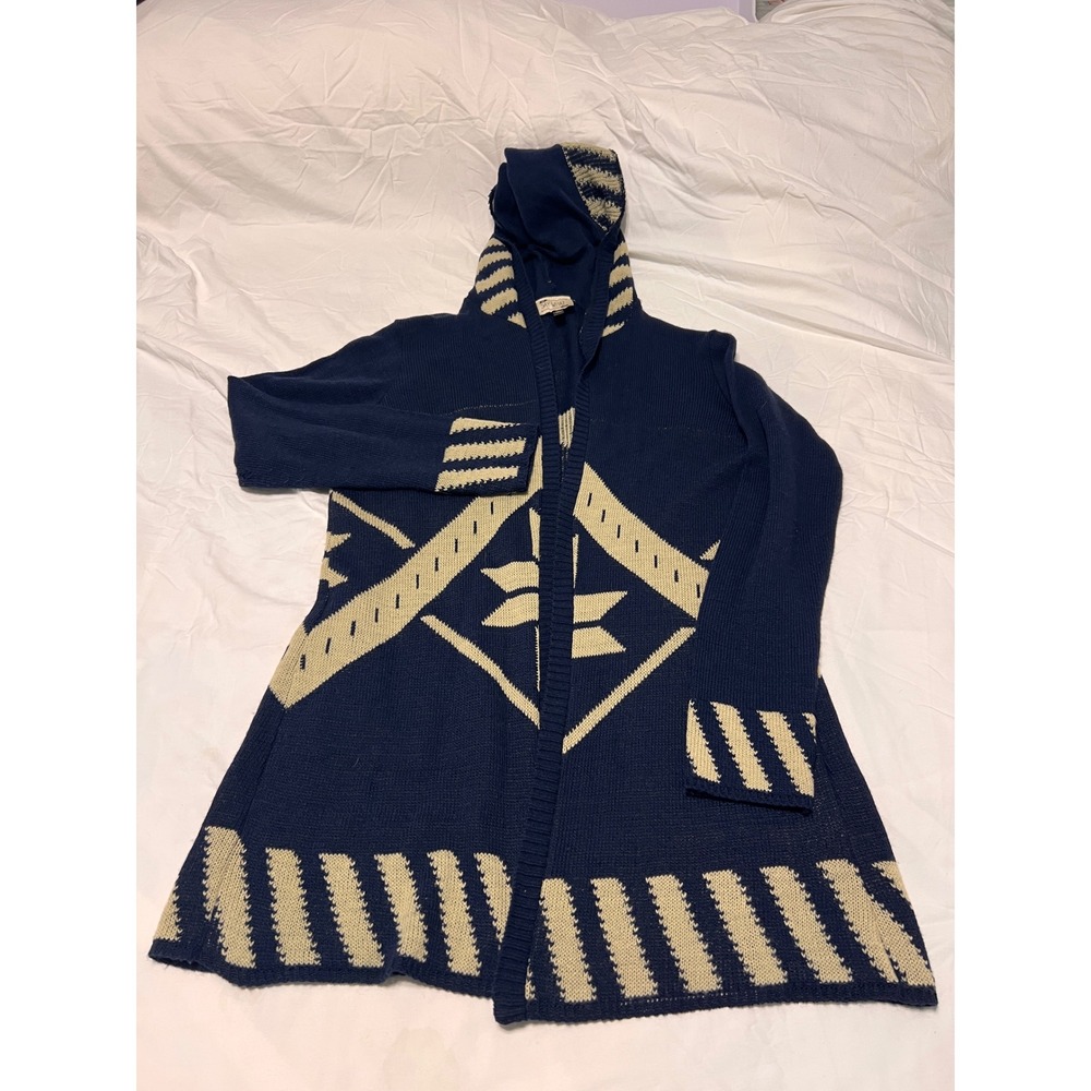 Say What? Navy Blue Geometric Hooded Open Front Cardigan XL USA Made